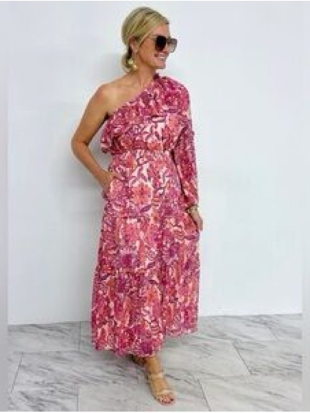 Periwinkle One-Shoulder Floral Maxi Dress, Sparkle Thread, Size L